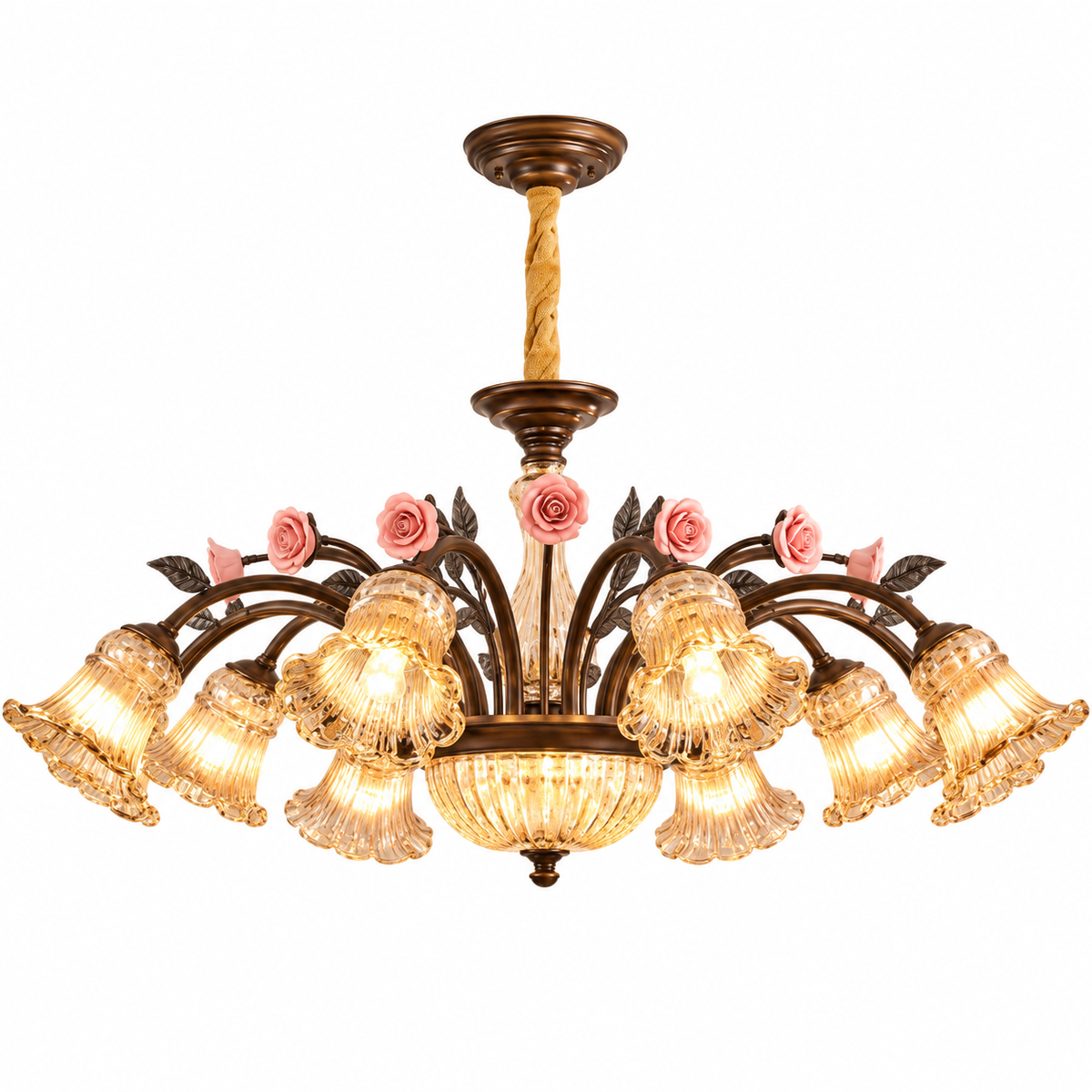 American Vintage Rose Blossom Chandelier 10-Light: Dia 37.0" × H 16.3" (Dia 94 × H 41.5 cm) Glowryte