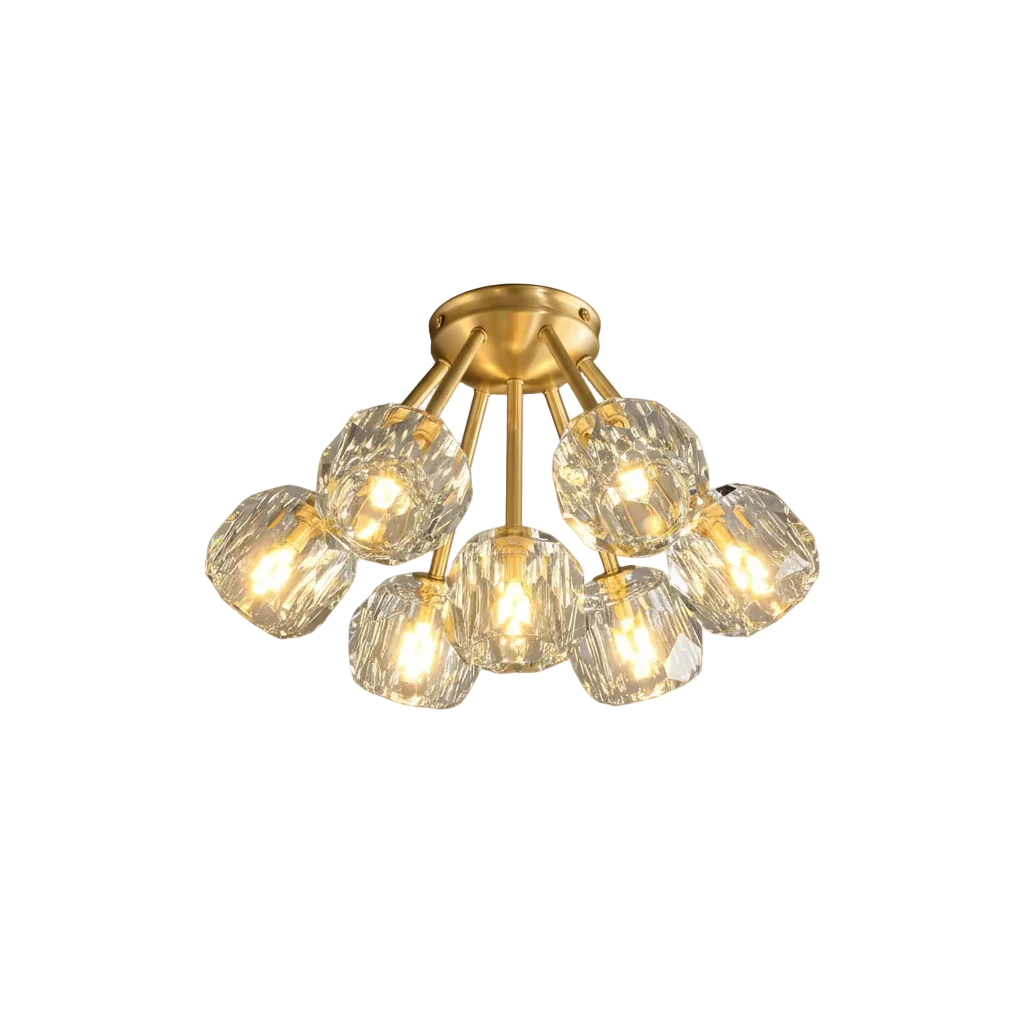 Celeste Globe Flush Mount 7-Light: Dia 18.5" × H12.6" (Dia 47 × H 32 cm) Clear + Brass Glowryte