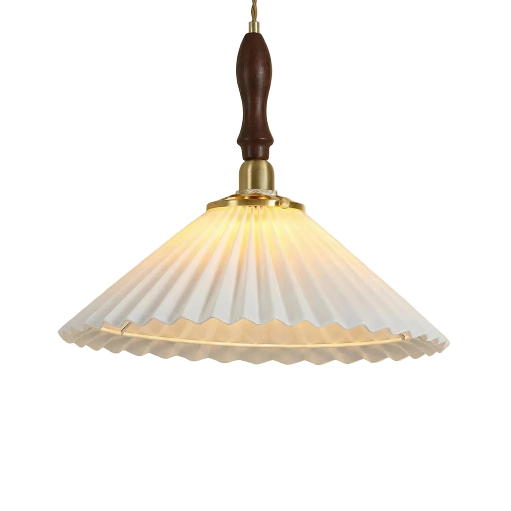 Arden Pleated Dome Pendant Dia 11.8" × H 9.8" (Dia 30 × H 25 cm) Brass + White + Wood Glowryte