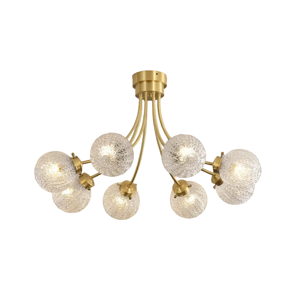 Mira Multi-Head Semi-Flush 8-Light: D 32.3" × H 20" (D 82 × H 50 cm) -E12 Brass + Clear Glowryte