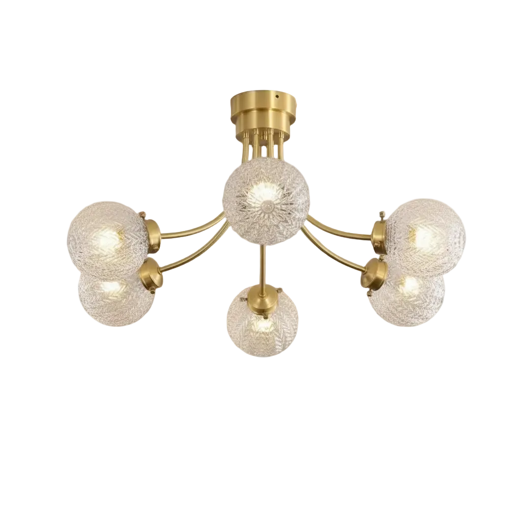 Mira Multi-Head Semi-Flush 6-Light: D 25.6" × H 17.7" (D 65 × H 45 cm) -E12 Brass + Clear Glowryte