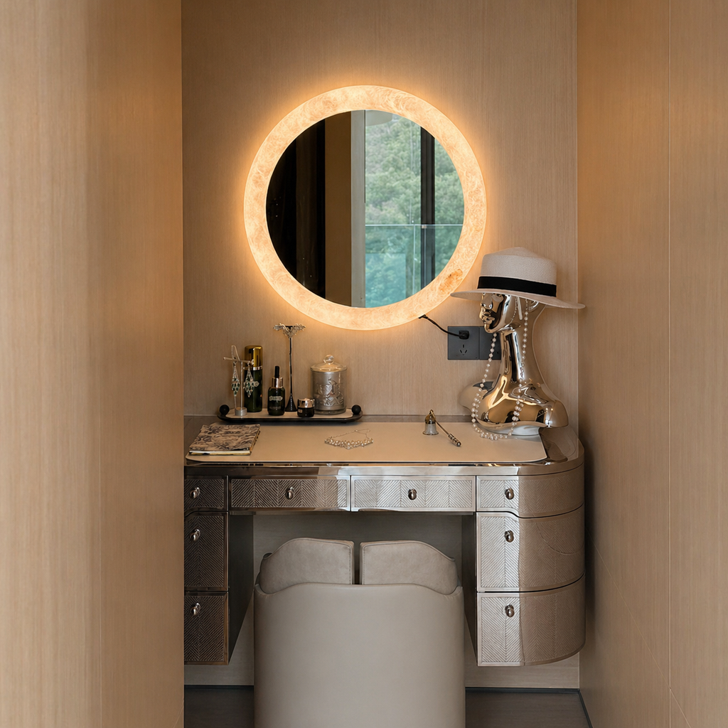 Alabaster Halo Mirror Dia 19.6" (Dia 50 cm) Alabaster White Glowryte