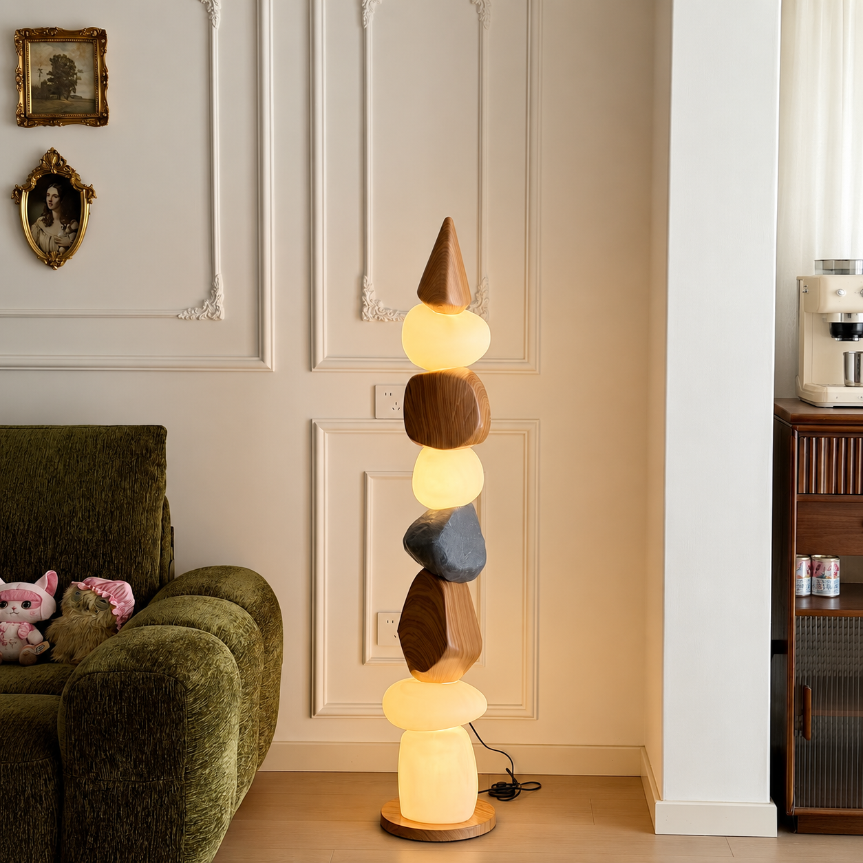 Pebble Stack Floor Lamp Dia 11“ × H 61” (Dia 28 × H 155 cm) Natural Wood Glowryte
