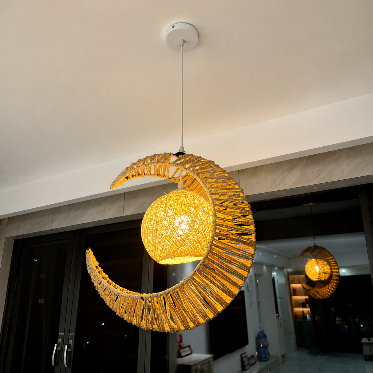 Luna Weave Pendant L 14.9” × W 14.9“ (L 38 × W 38cm) Natural Rattan Glowryte