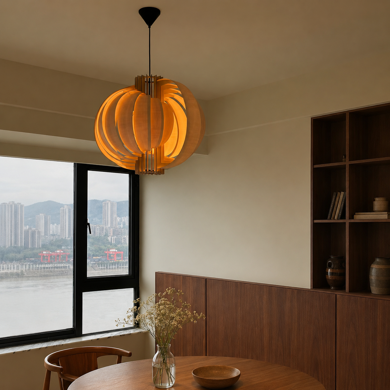 Orb Wood Pendant Light Dia 17.7“ (Dia 45cm) Walnut Brown Glowryte