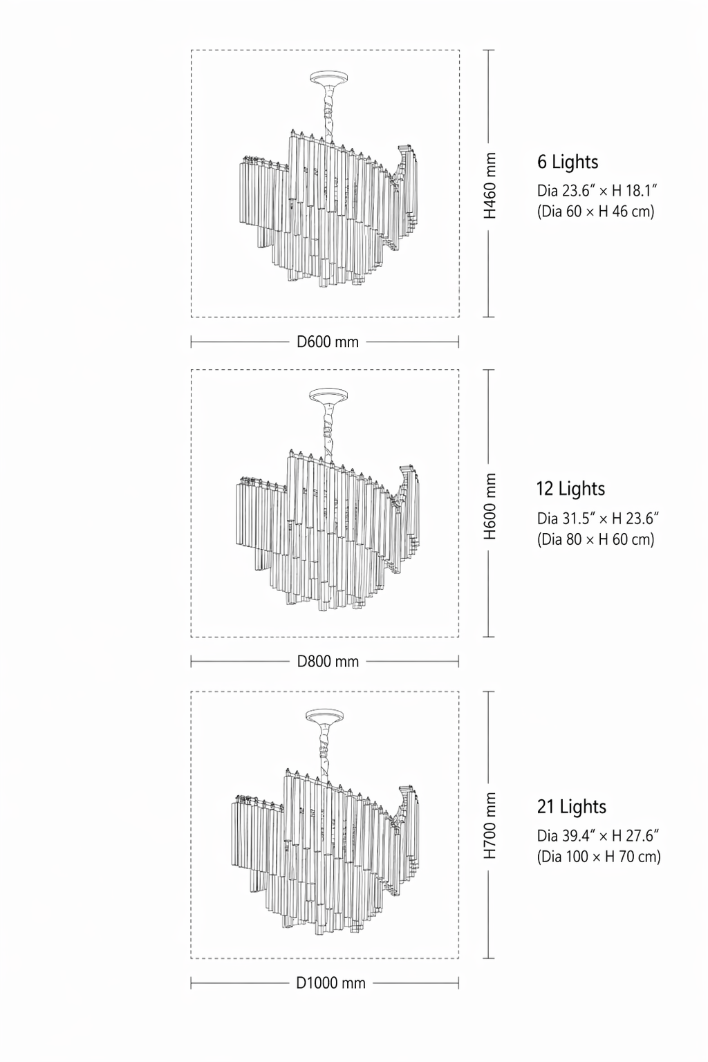 Chandelier design with dimensions for 6, 12, and 21 light options on a white background.