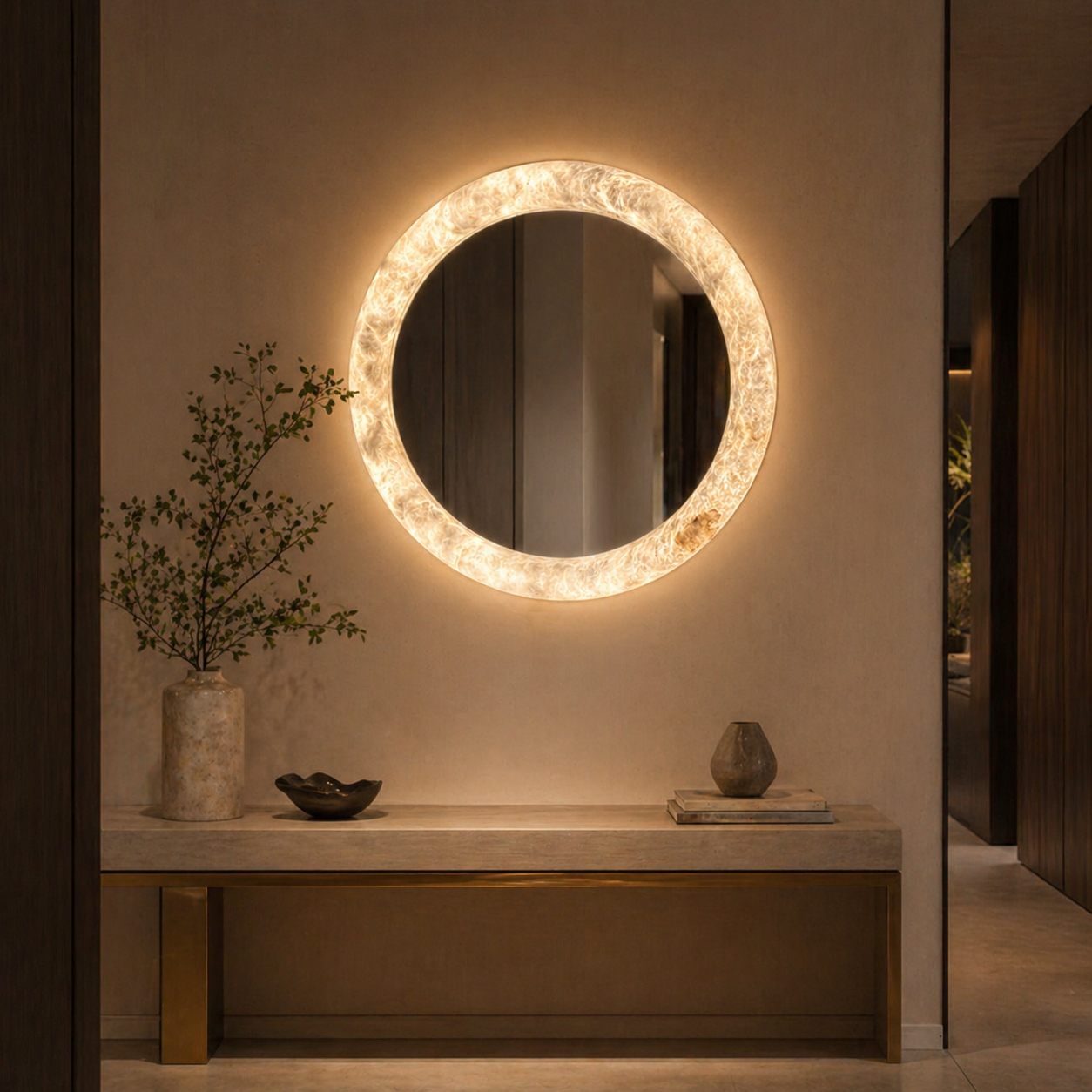 Alabaster Halo Mirror Dia 39.9" (Dia 100 cm) Alabaster White Glowryte