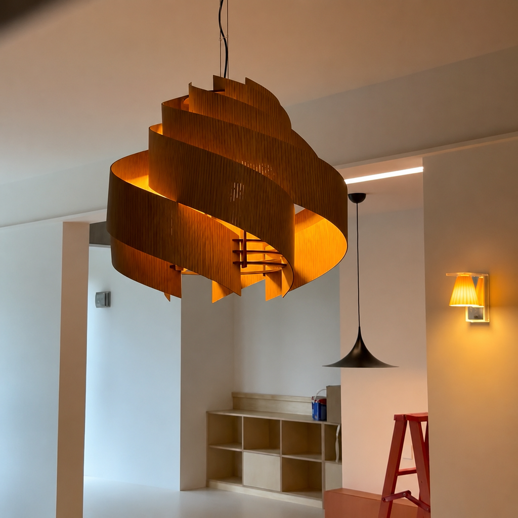 Spiral Wood Chandelier Dia 19.6” × H 15.7“ (Dia 50 × H 40 cm) Natural Wood Glowryte