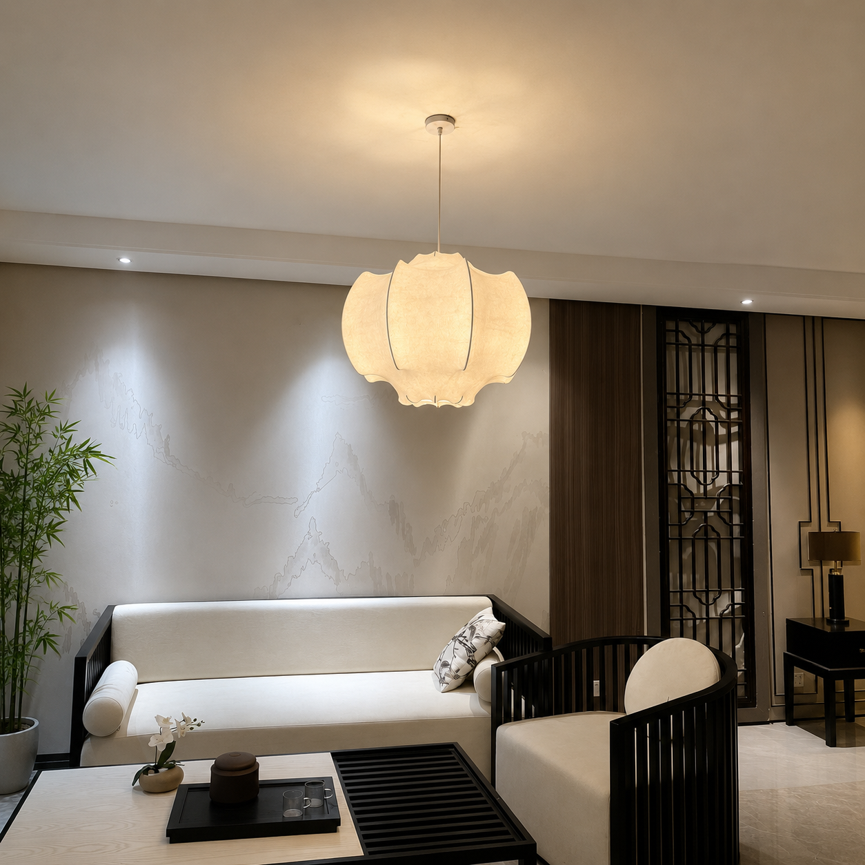 Bloom Cocoon Pendant Dia 31.4“ × H 19.7“ (Dia 80 × 50 cm) White Glowryte