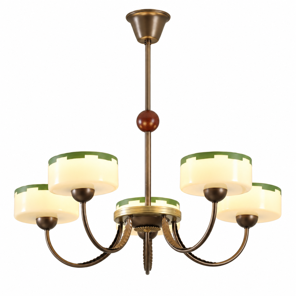 French Mid-Century Opal Glass Chandelier 5-Light: Dia 29.5" × H 27.6" (Dia 75 × H 70 cm) Glowryte