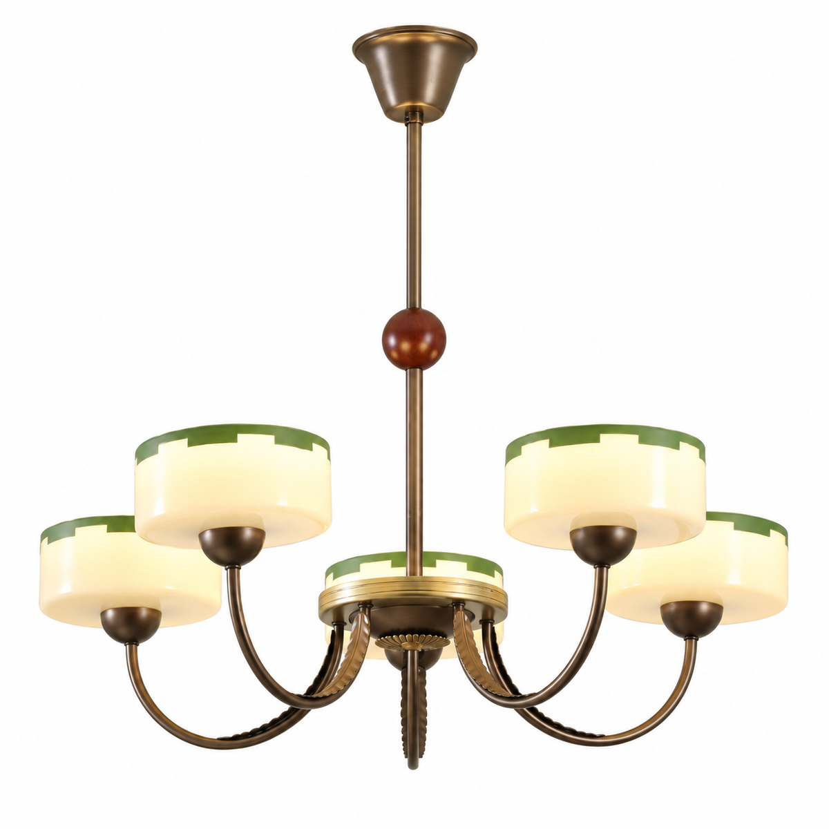 French Mid-Century Opal Glass Chandelier 5-Light: Dia 29.5" × H 27.6" (Dia 75 × H 70 cm) Glowryte