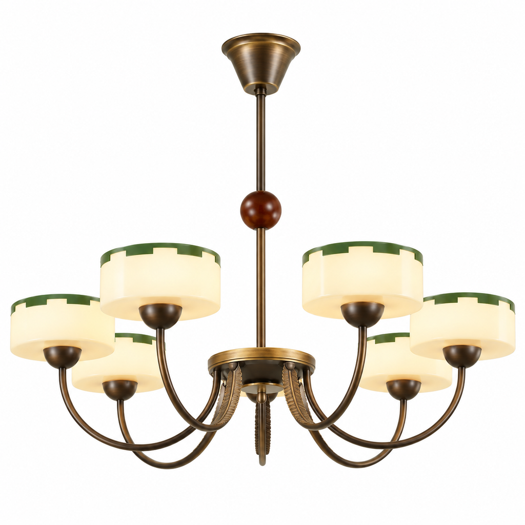 French Mid-Century Opal Glass Chandelier 7-Light: Dia 35.4" × H 27.6" (Dia 90 × H 70 cm) Glowryte
