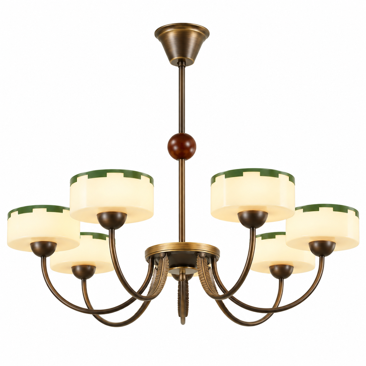 French Mid-Century Opal Glass Chandelier 7-Light: Dia 35.4" × H 27.6" (Dia 90 × H 70 cm) Glowryte