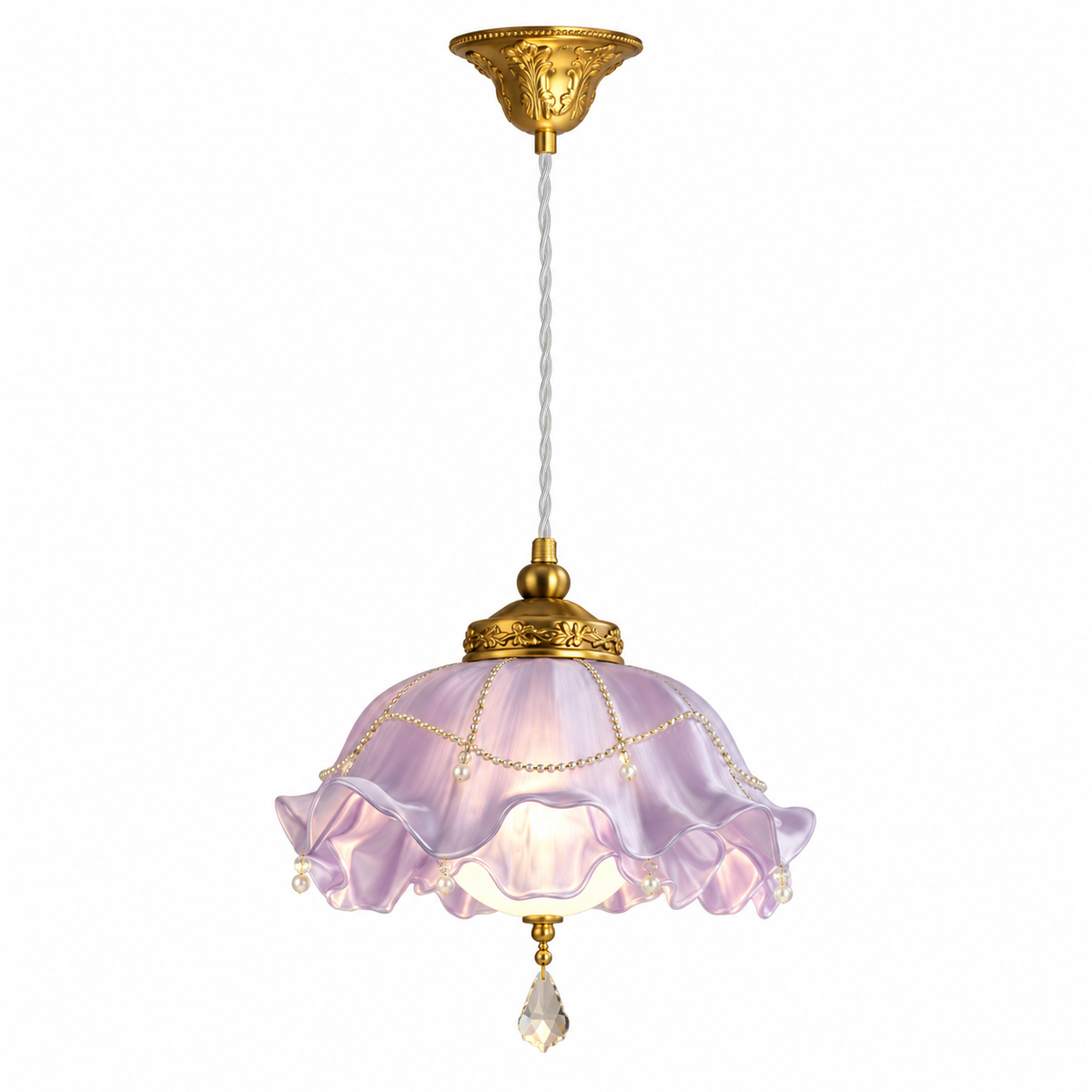 French Ruffled Floral Glass Pendant Light Haze Purple Glowryte