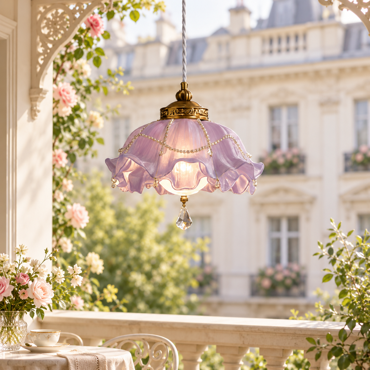 French Ruffled Floral Glass Pendant Light Glowryte