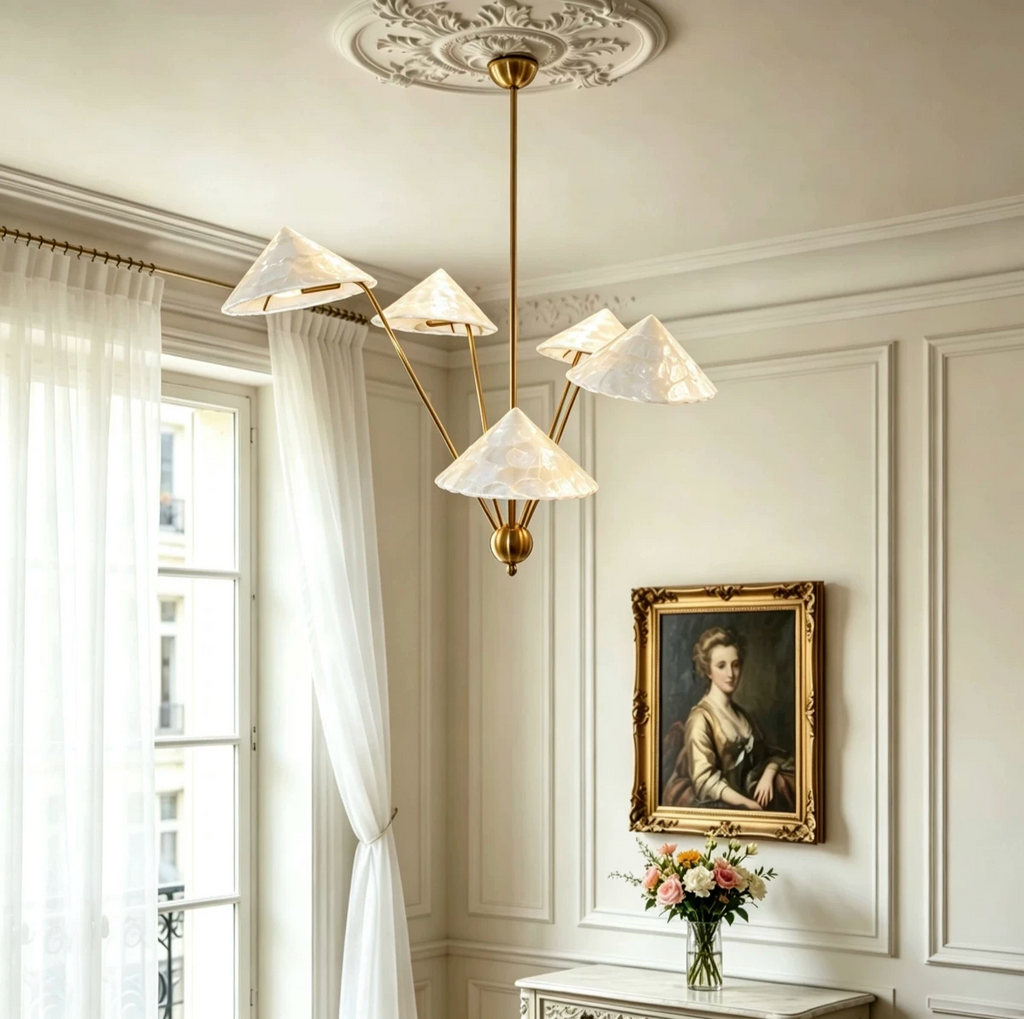 French Vintage Brass Shell Chandelier Glowryte