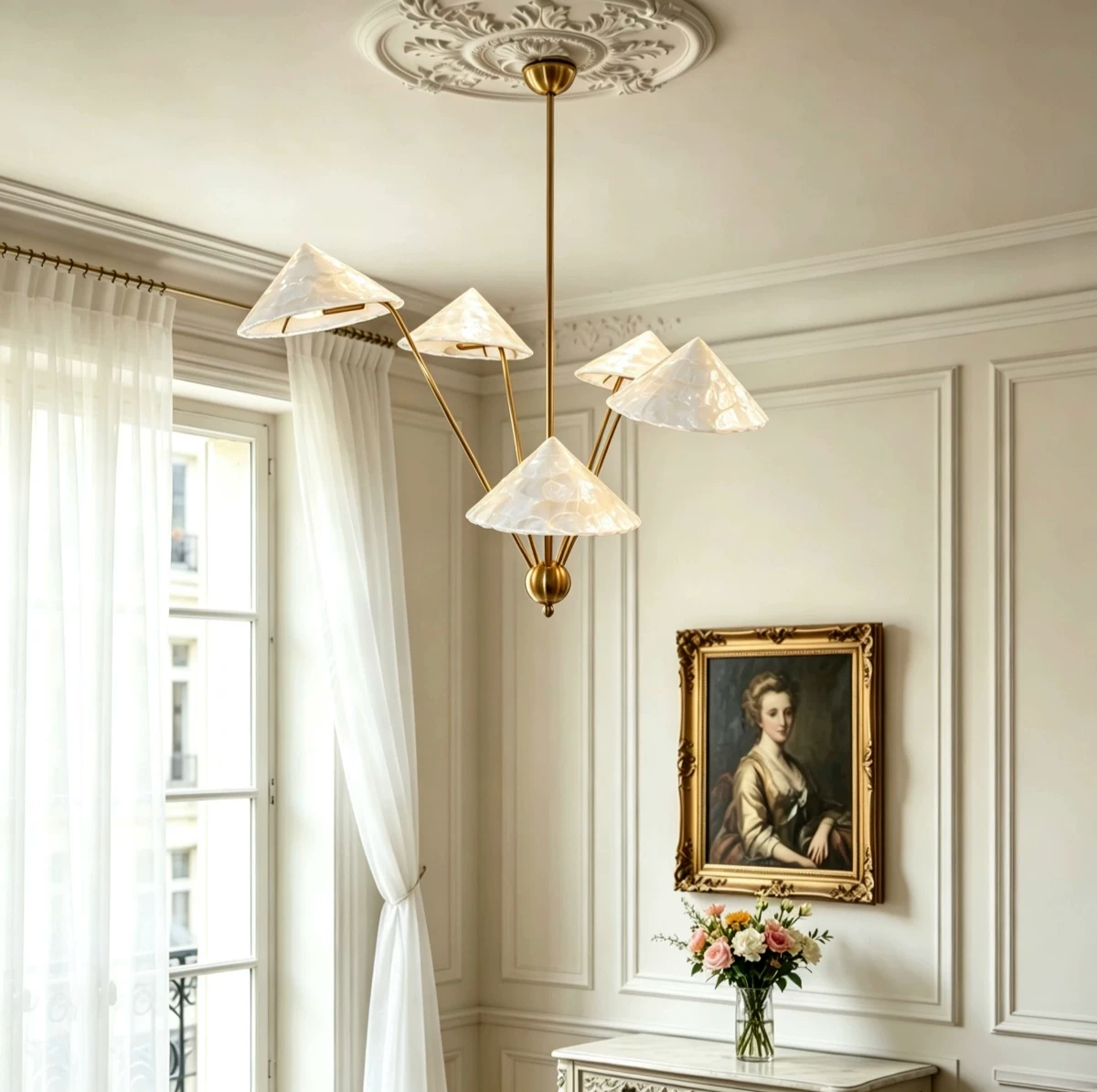 French Vintage Brass Shell Chandelier Glowryte