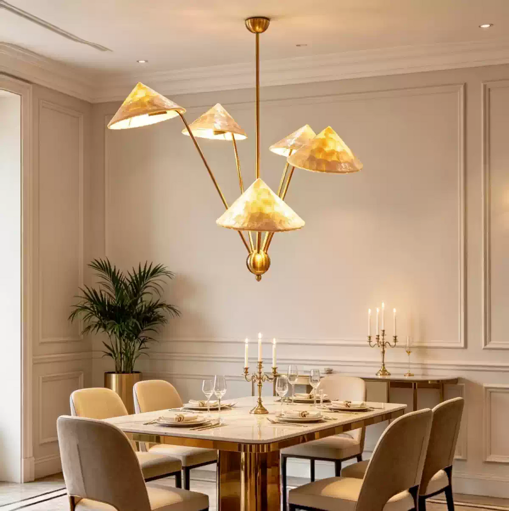 French Vintage Brass Shell Chandelier Glowryte
