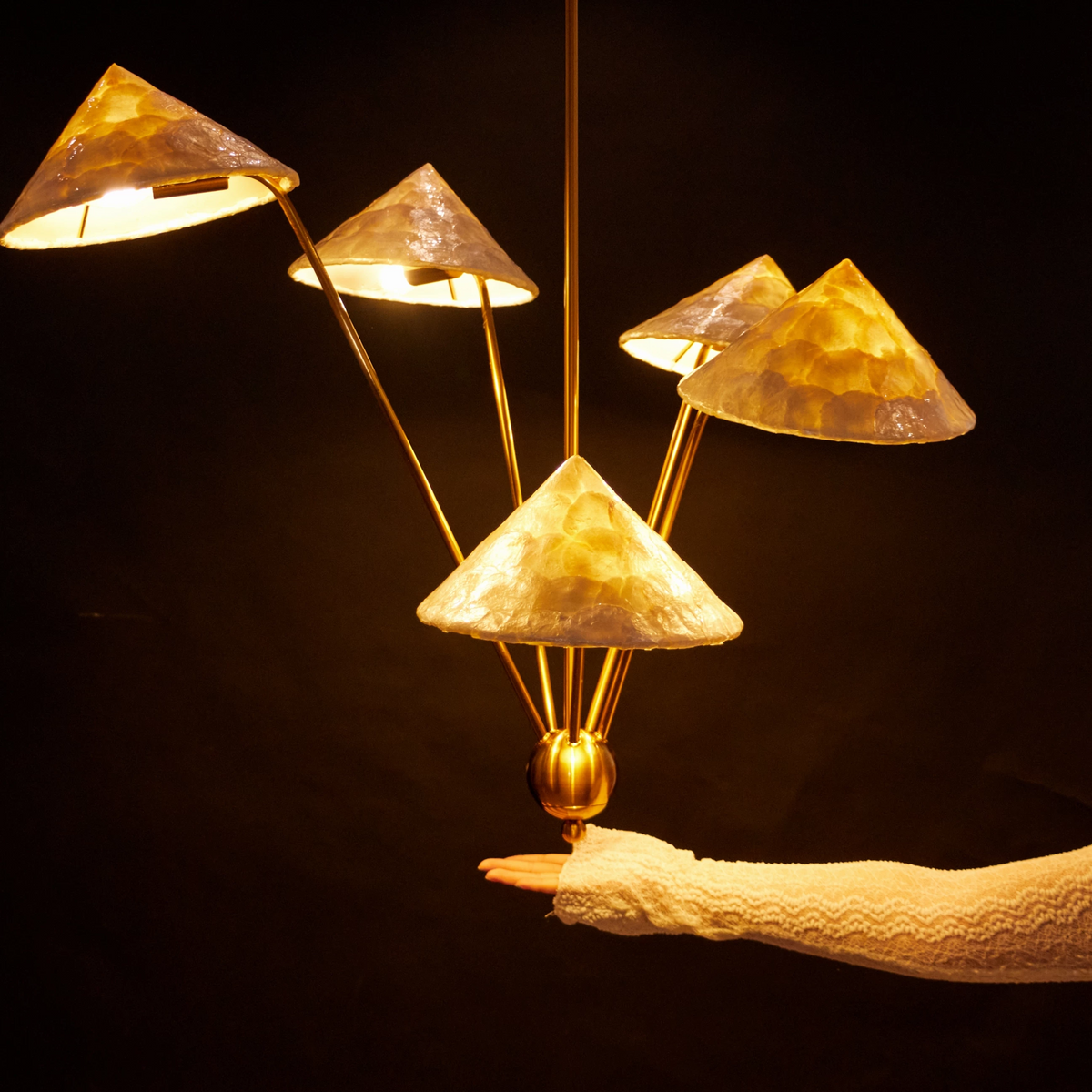 French Vintage Brass Shell Chandelier Glowryte