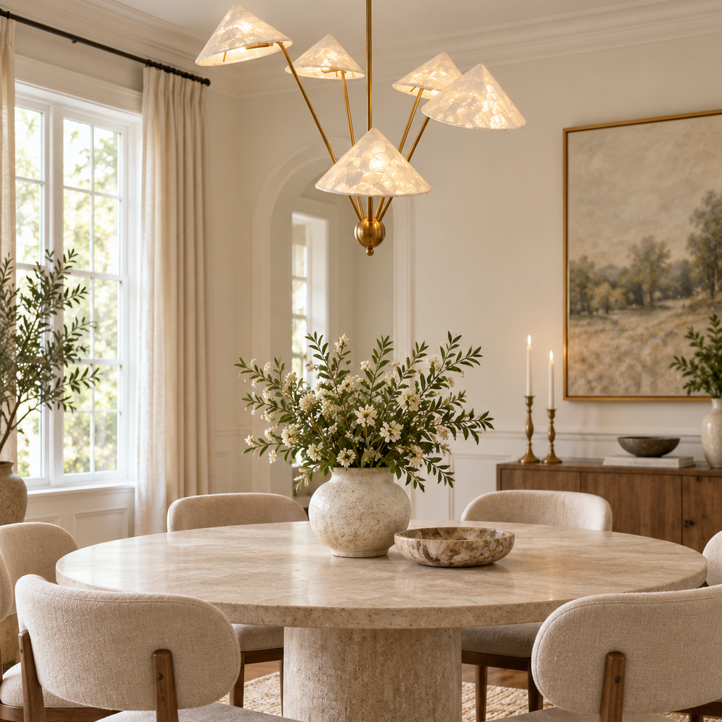 French Vintage Brass Shell Chandelier Glowryte