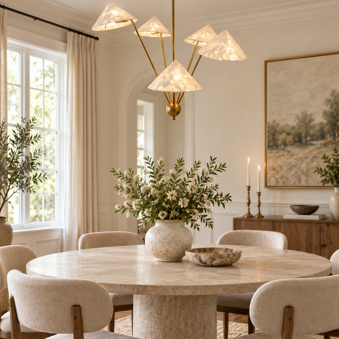French Vintage Brass Shell Chandelier Glowryte