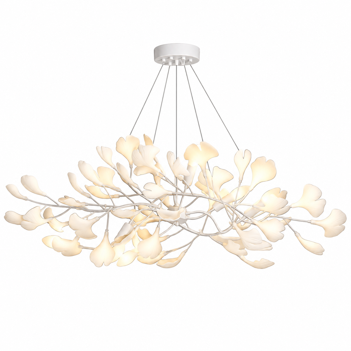 Gingko Bough Chandelier Model B L 43.3″ x W 21.7″ x H 11.8″ Gold Lampbody + White Leaves Glowryte