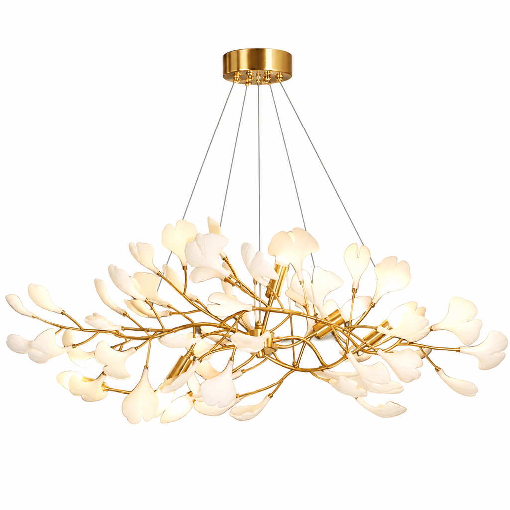 Gingko Bough Chandelier Model B L 43.3″ x W 21.7″ x H 11.8″ Nickel Lampbody + White Leaves Glowryte