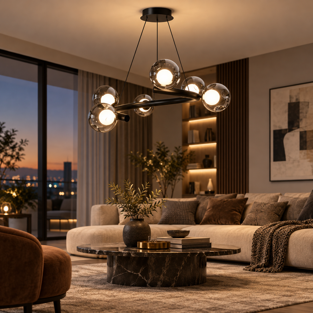 Mirren 6-Light Smoked Glass Chandelier Glowryte