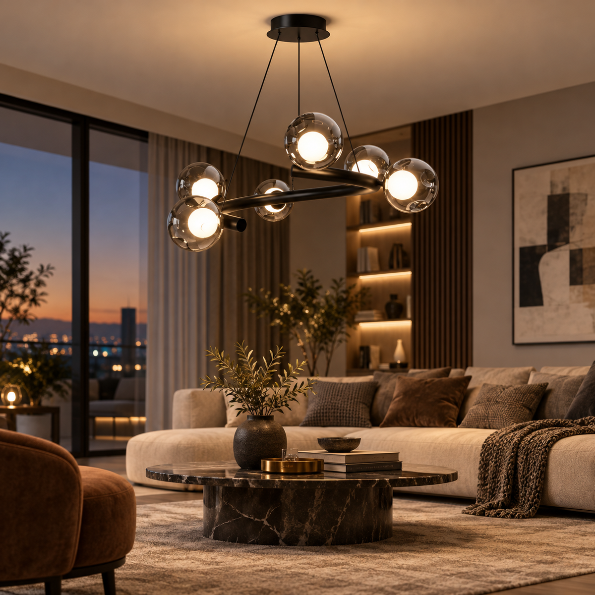 Mirren 6-Light Smoked Glass Chandelier Glowryte