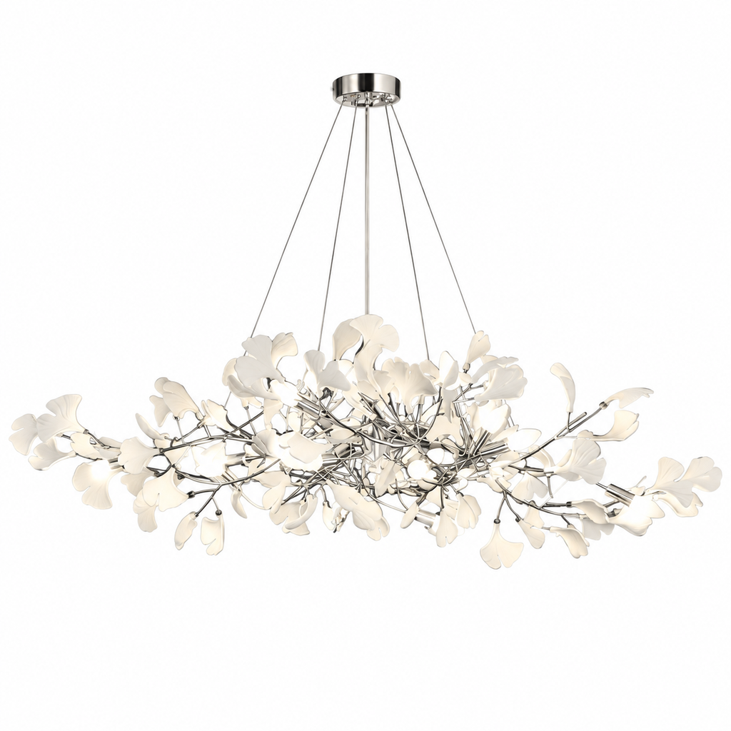 Gingko Bough Chandelier Nickel Lampbody + White Leaves Glowryte