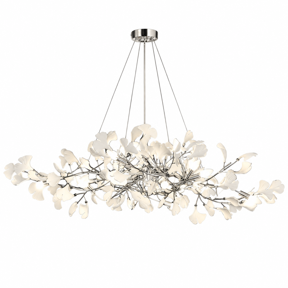 Gingko Bough Chandelier Nickel Lampbody + White Leaves Glowryte