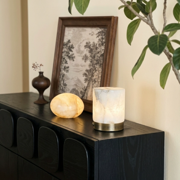 Selene Cylindrical Alabaster Cordless Table Lamp Glowryte