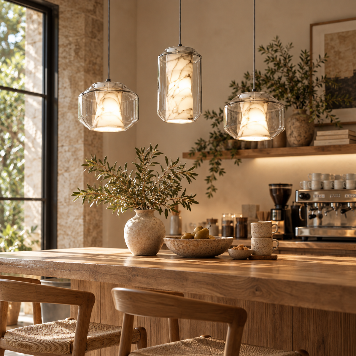 Solene Alabaster & Glass Pendant Light Glowryte