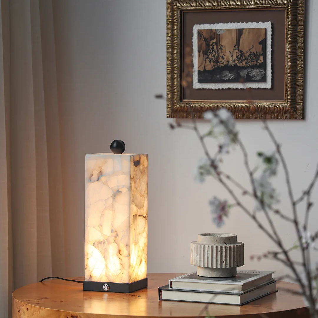 Theron Square Alabaster Column Table Lamp Glowryte