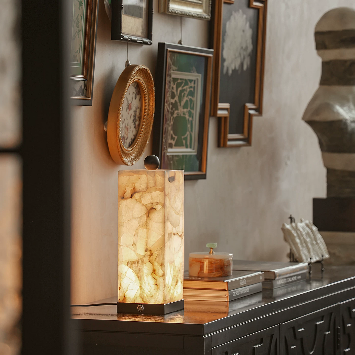 Theron Square Alabaster Column Table Lamp Glowryte