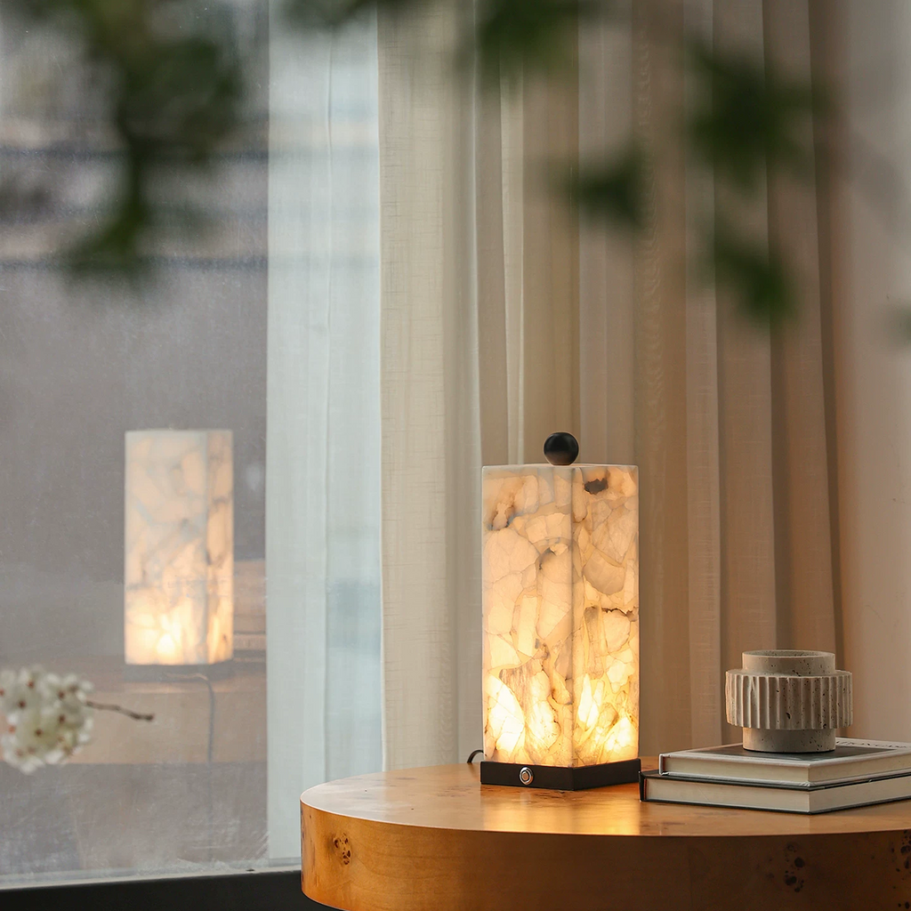 Theron Square Alabaster Column Table Lamp Glowryte