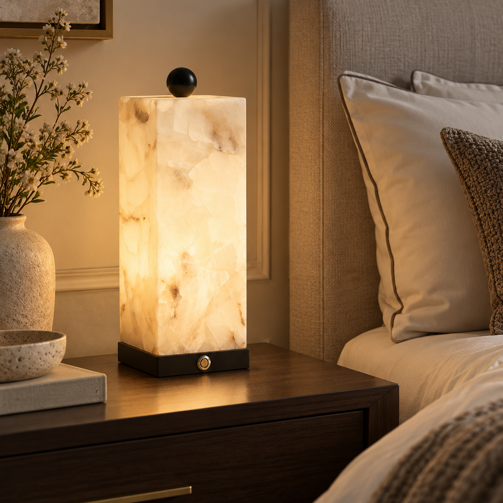 Theron Square Alabaster Column Table Lamp Glowryte