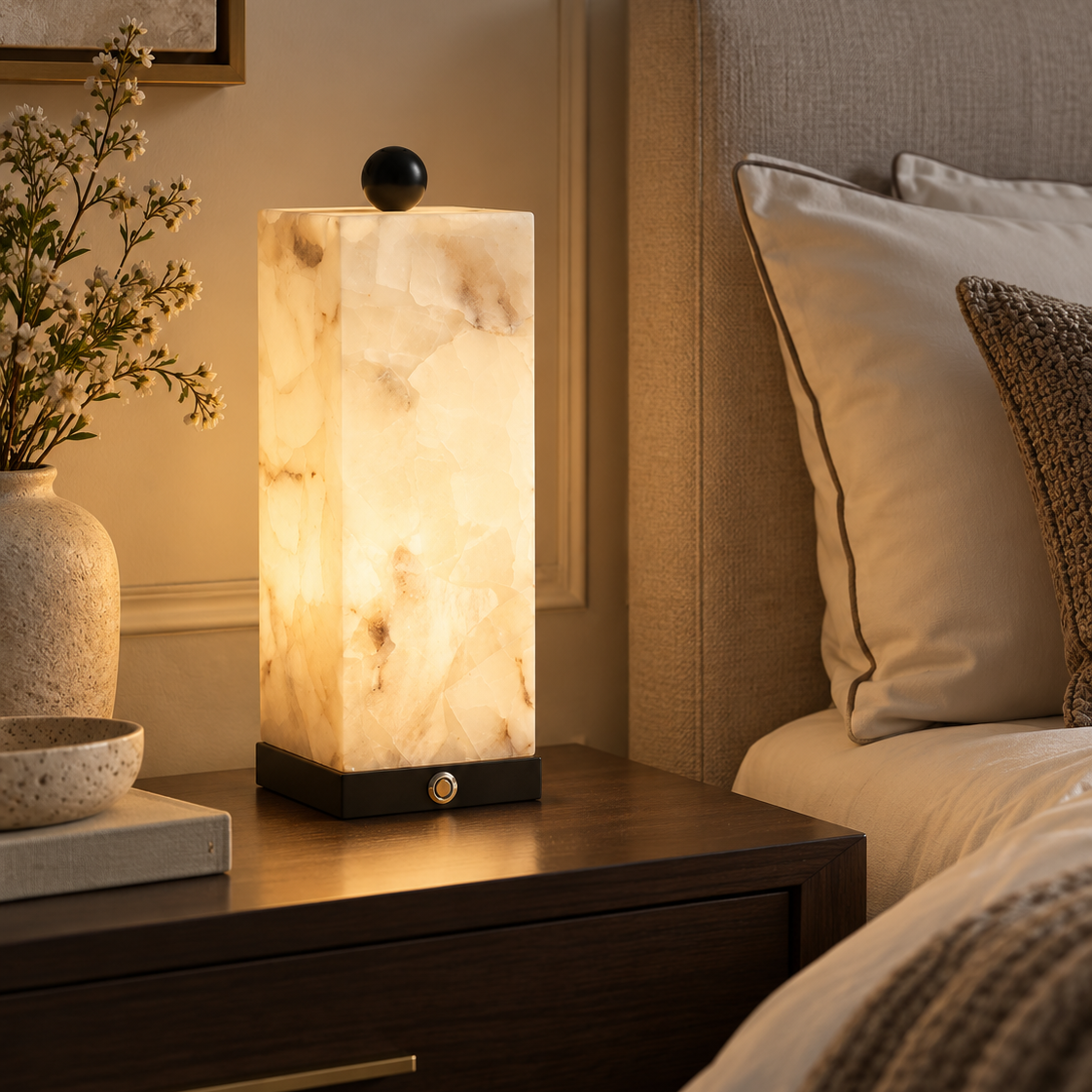 Theron Square Alabaster Column Table Lamp Glowryte