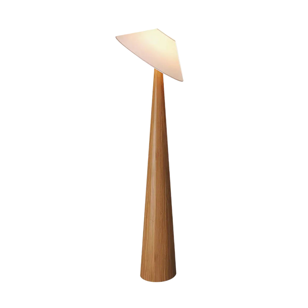 Futuristic lamp with a wooden base and white geometric shade on a light gray background