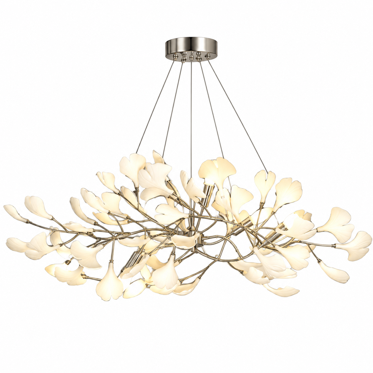 Gingko Bough Chandelier Model B L 43.3″ x W 21.7″ x H 11.8″ White Lampbody + White Leaves Glowryte