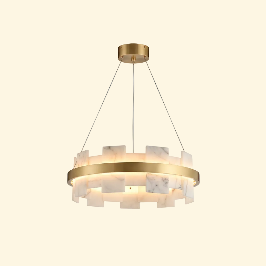 Auren Halo Chandelier Dia 23.6" × H 9.4" (Dia 60 × H 24 cm) Brass + White Glowryte