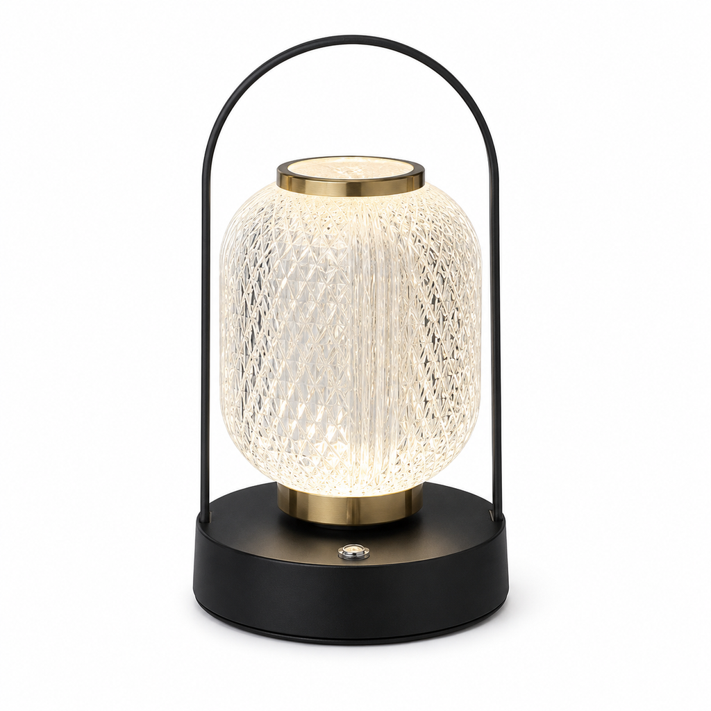 Modern table lamp with textured glass shade and black base on a white background
