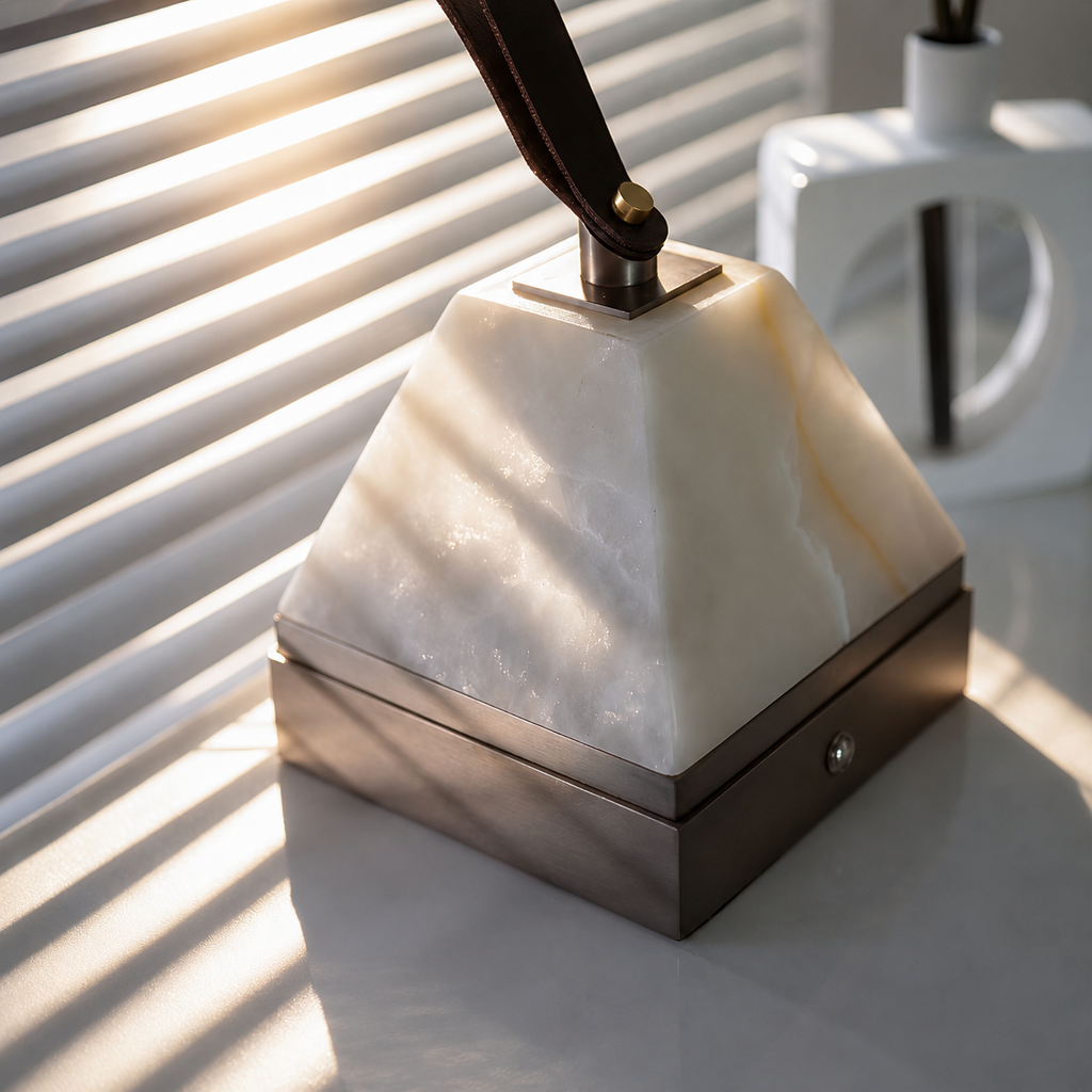 Pyramid Alabaster Portable Table Lamp L 5.5" × H 5.5” (L 14 × H 14 cm) White + Black Glowryte