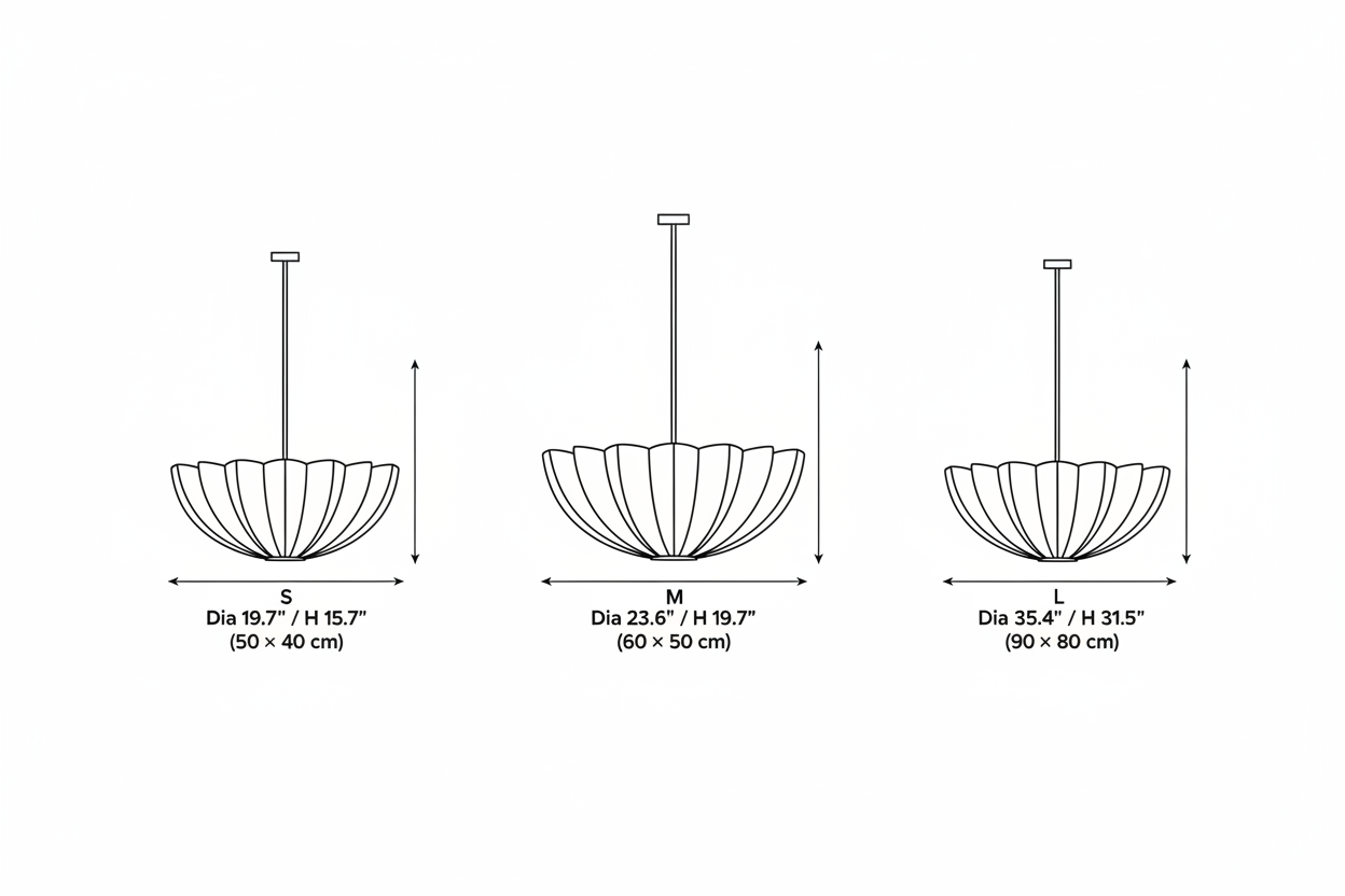 Soleil Rattan Pendant — Line Drawing Size Chart from Reference