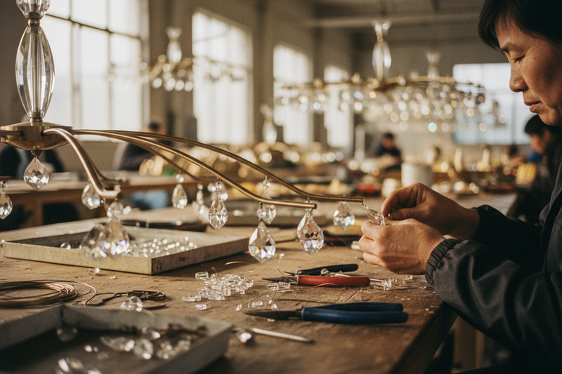 Worker attaching crystal droplets closeup