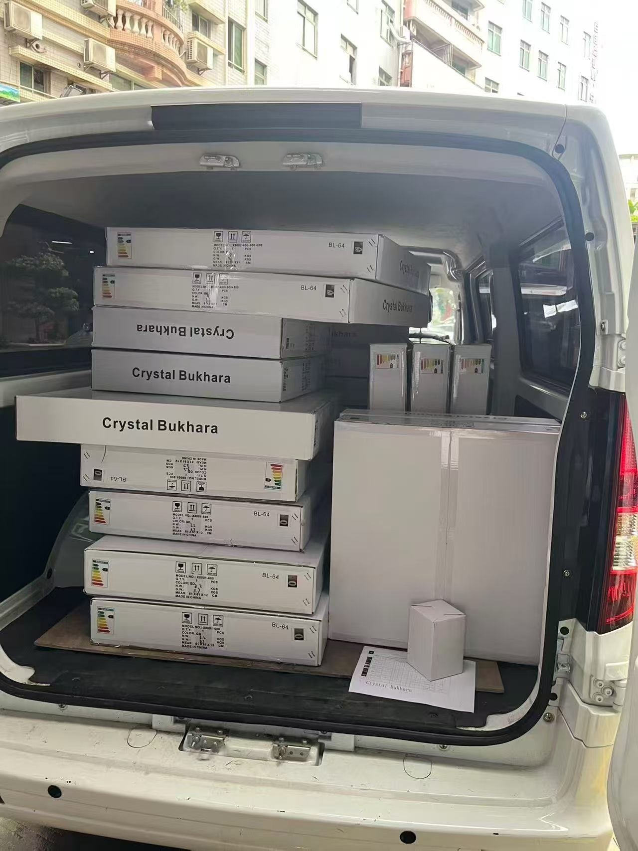 Packed lighting orders loaded for transport